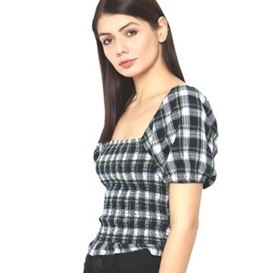 American Eagle Plaid Puff Sleeve Smock Crop Top SzXS